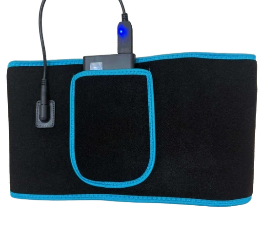 Black heating pad with blue trim and USB cable on a white background
