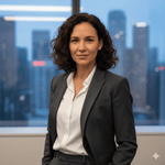 Woman in a business suit standing in front of a cityscape at night